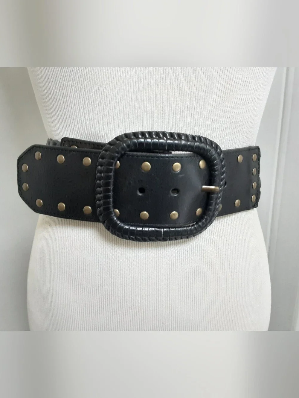 FOSSIL Black Studded Wide Woven Leather Belt Decorative Buckle Sz M - Y2K